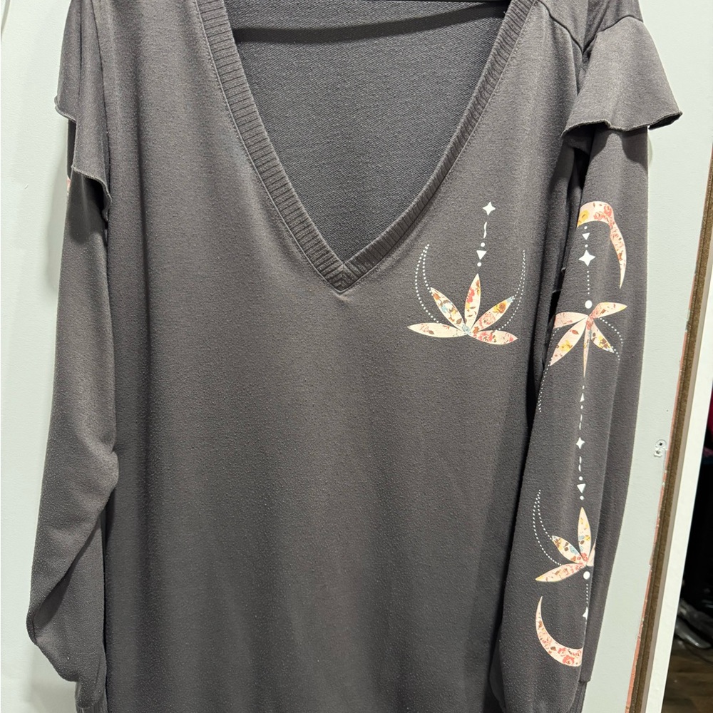 Gray V-Neck Women's Top with Floral Accents